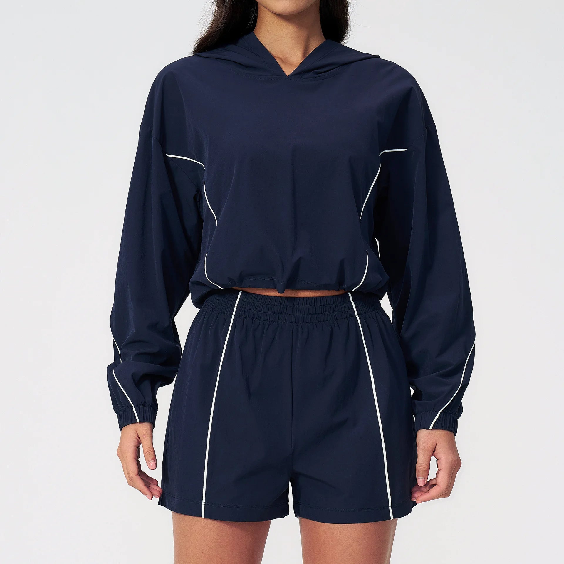 Custom LOGO women's summer sports sunscreen  contrasting outdoor casual running fitness quick-drying shorts hoodie two-piece set
