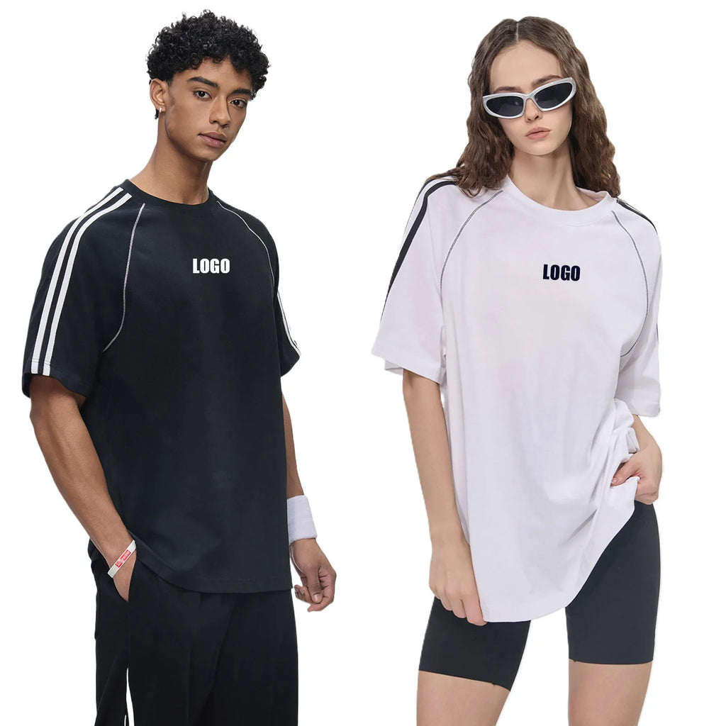 Custom LOGO Men's 100% cotton striped short-sleeved trousers contrasting colors casual sports outdoor street hip-hop suit